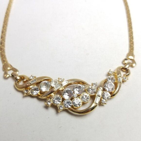 Vintage Gold Tone and Rhinestone Collar Style Necklace Adjustable Length, Estate - Picture 1 of 7